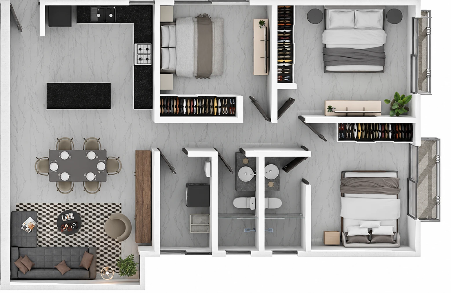 Planta arquitectónica del departamento tipo de 110 m² con 3 recámaras