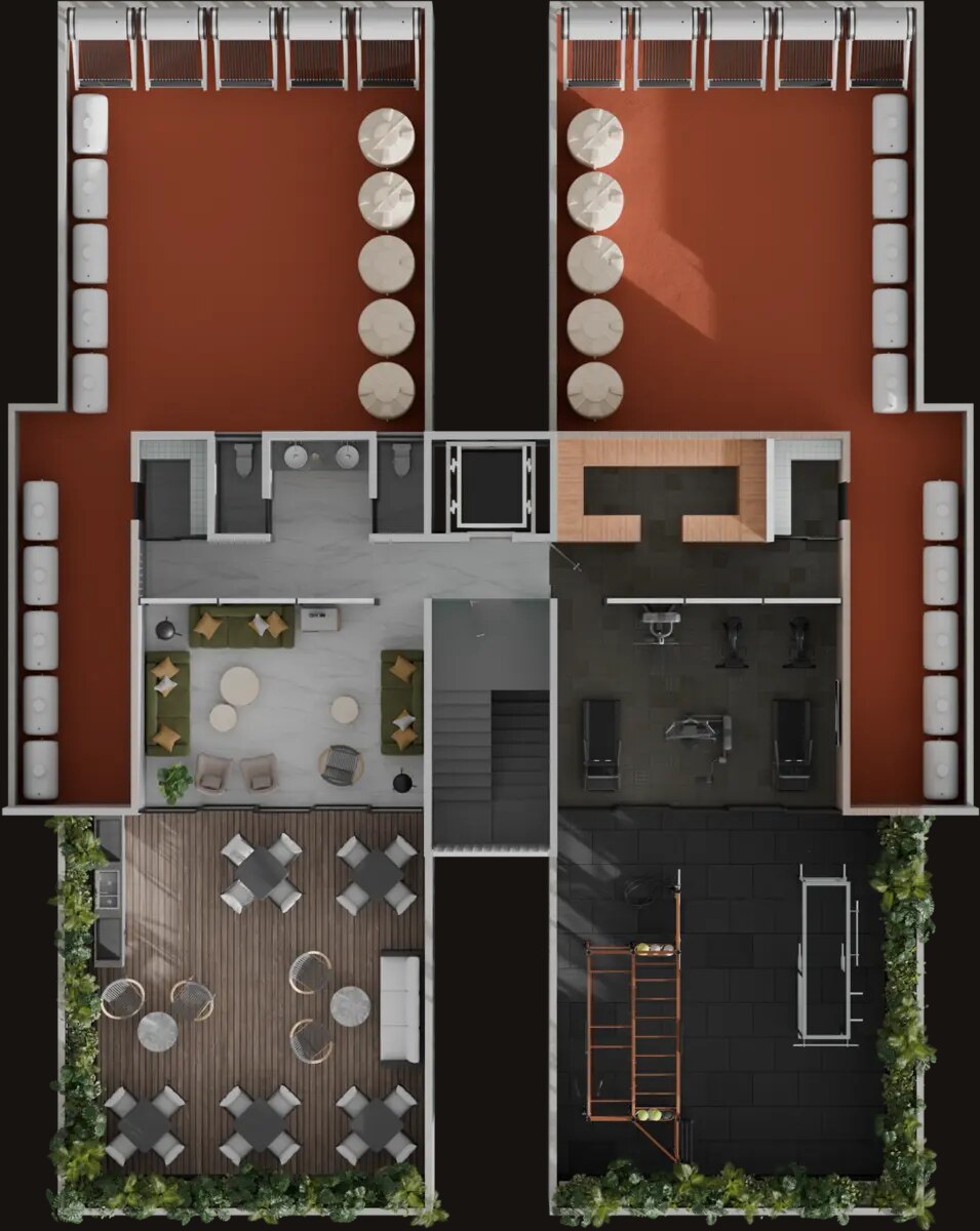 Planta del rooftop con terraza, gimnasio y lounge